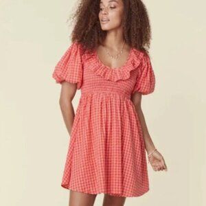 SPELL Mini Dress Strawberry Fields Pink Orange Seersucker Gingham XS NWT